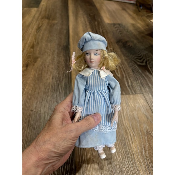 Other - Vintage Porcelain Collector Doll Blue Striped Dress Lace Trim Blonde Hair Bonnet